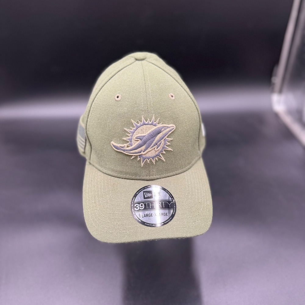 New Era 39Thirty Miami Dolphins Salute to Service Hat Olive Green Mens L/XL NFL